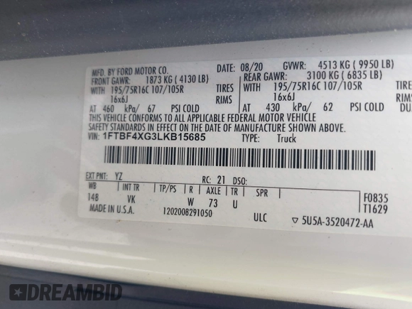 2020 Ford Transit Cargo with VIN 1FTBF4XG3LKB15685, listed as a IAAI auction lot 41967446 with 127,392 mi miles and . Bid and sale history available at DreamBid. Image 9.