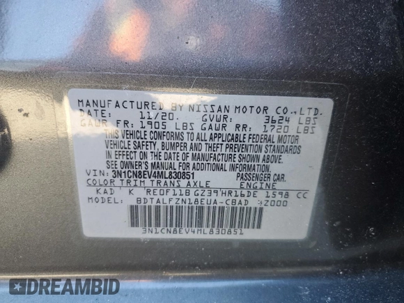 2021 Nissan Versa SV z VIN 3N1CN8EV4ML830851, wystawiony jako Copart lot #88964465 z przebiegiem 71 874 mil mil oraz Szkoda całkowita • Salvage title. Historia ofert i sprzedaży dostępna na DreamBid. Obrazek 12.