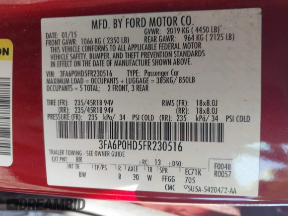 2015 Ford Fusion SE with VIN 3FA6P0HD5FR230516, listed as a IAAI auction lot 42507960 with 159,045 mi miles and . Bid and sale history available at DreamBid. Image 9.