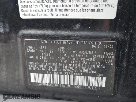 2010 Subaru Outback Premium All-Weather Anniversary with VIN 4S4BRBCC9A3340324, listed as a IAAI auction lot 42610926 with 121,423 mi miles and . Bid and sale history available at DreamBid. Image 9.