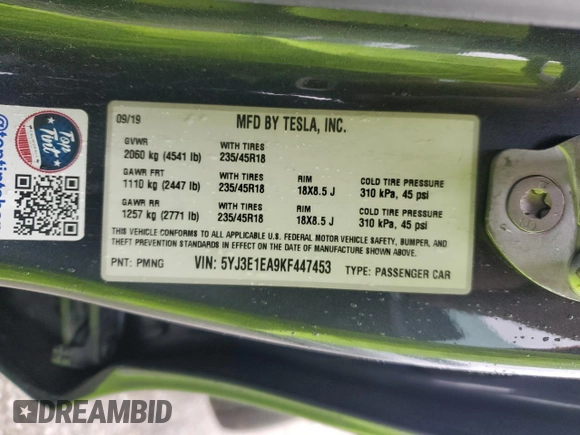 2019 Tesla Model 3 Mid Range with VIN 5YJ3E1EA9KF447453, listed as a Copart auction lot 48967605 with 72,031 mi miles and Salvage Title. Bid and sale history available at DreamBid. Image 13.