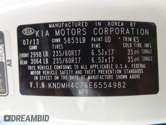 2014 Kia Sedona EX with VIN KNDMH4C76E6554982, listed as a IAAI auction lot 41980362 with 164,380 mi miles and . Bid and sale history available at DreamBid. Image 9.