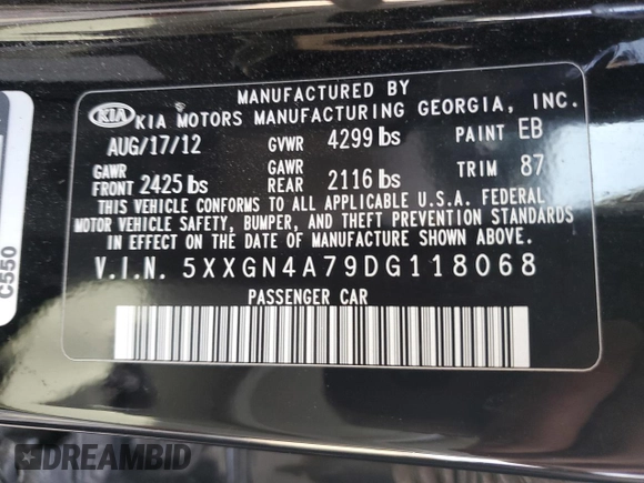 2013 Kia Optima EX with VIN 5XXGN4A79DG118068, listed as a Copart auction lot 47100765 with 154,890 mi miles and Salvage Title. Bid and sale history available at carsss.com. Image 13.