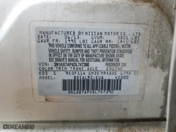 2013 Nissan Sentra SR with VIN 3N1AB7AP4DL747390, listed as a Copart auction lot 44932865 with 192,507 mi miles and Salvage Title. Bid and sale history available at carsss.com. Image 14.