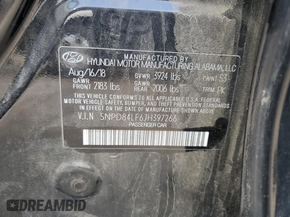 2018 Hyundai Elantra SEL with VIN 5NPD84LF6JH397266, listed as a Copart auction lot 54344385 with 51,536 mi miles and Non Repairable. Bid and sale history available at DreamBid. Image 12.