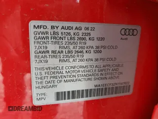 2022 Audi Q3 S line Premium Plus with VIN WA1EECF32N1147622, listed as a Copart auction lot 42111635 with 19,997 mi miles and Salvage Title. Bid and sale history available at carsss.com. Image 15.
