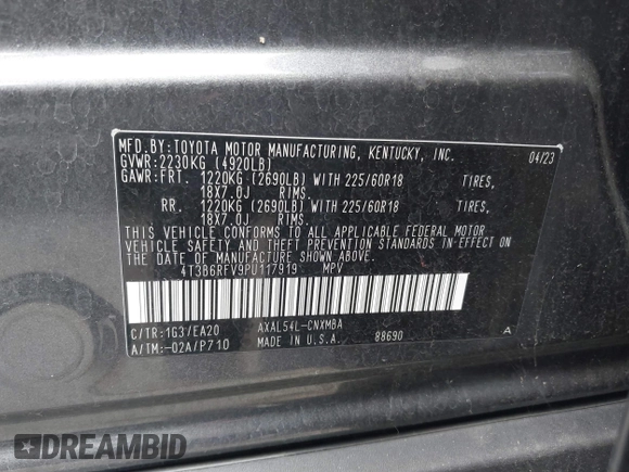 2023 Toyota RAV4 Hybrid XLE Premium with VIN 4T3B6RFV9PU117919, listed as a IAAI auction lot 42528322 with 27,236 mi miles and . Bid and sale history available at DreamBid. Image 9.