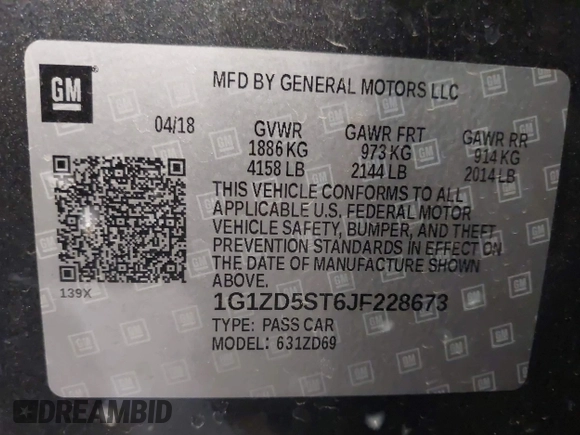 2018 Chevrolet Malibu LT with VIN 1G1ZD5ST6JF228673, listed as a IAAI auction lot 41786724 with 128,465 mi miles. Bid and sale history available at carsss.com. Image 9.