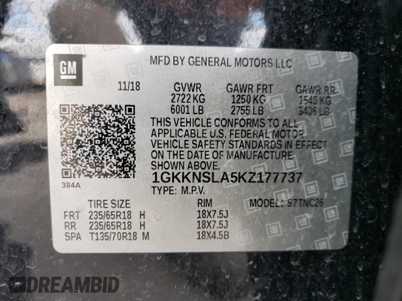 2019 GMC Acadia SLE with VIN 1GKKNSLA5KZ177737, listed as a Copart auction lot 44060585 with 113,177 mi miles and Salvage Title. Bid and sale history available at DreamBid. Image 14.