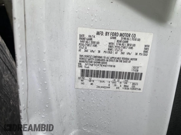 2014 Ford F-150 XL with VIN 1FTNF1CF7EKE17816, listed as a IAAI auction lot 41527762 with 196,338 mi miles and . Bid and sale history available at DreamBid. Image 9.