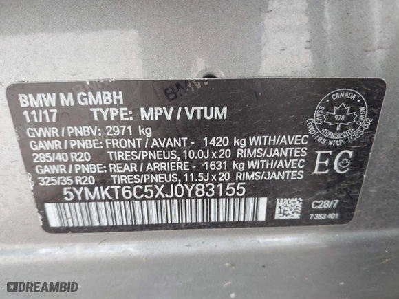 2018 BMW X5 M with VIN 5YMKT6C5XJ0Y83155, listed as a IAAI auction lot 41823075 with 55,897 mi miles. Bid and sale history available at carsss.com. Image 9.