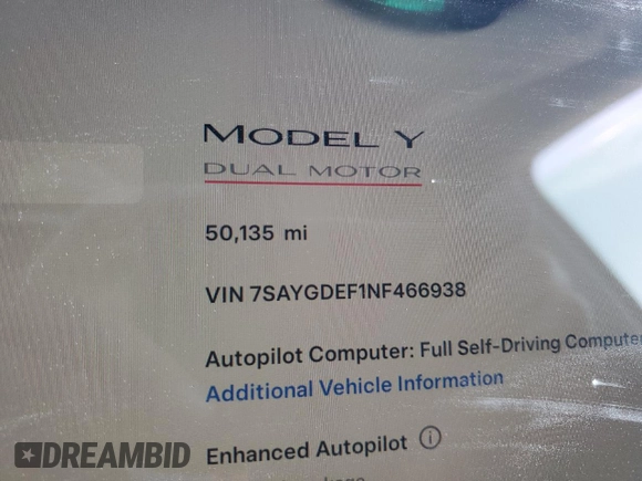 2022 Tesla Model Y Performance with VIN 7SAYGDEF1NF466938, listed as a Copart auction lot 53678045 with 50,135 mi miles and Salvage Title. Bid and sale history available at DreamBid. Image 9.