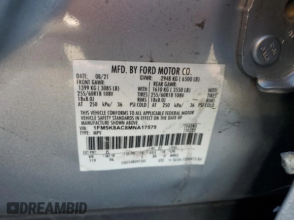 2021 Ford Explorer with VIN 1FM5K8AC8MNA17575, listed as a Copart auction lot 46376475 with 57,260 mi miles and Clean title. Bid and sale history available at DreamBid. Image 13.