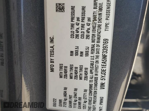 2022 Tesla Model 3 with VIN 5YJ3E1EA5NF339769, listed as a Copart auction lot 47111685 with 44,087 mi miles and Salvage Title. Bid and sale history available at DreamBid. Image 12.