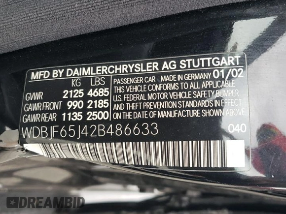 2002 Mercedes-Benz E-Class with VIN WDBJF65J42B486633, listed as a Copart auction lot 76979054 with 151,429 mi miles and Salvage Title. Bid and sale history available at carsss.com. Image 14.