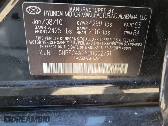 2011 Hyundai Sonata SE with VIN 5NPEC4AC6BH002791, listed as a IAAI auction lot 41705710 with 222,753 mi miles. Bid and sale history available at carsss.com. Image 9.