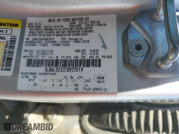 2014 Lincoln MKZ with VIN 3LN6L2GKXER822019, listed as a Copart auction lot 66097974 with 249,129 mi miles and Salvage Title. Bid and sale history available at DreamBid. Image 12.