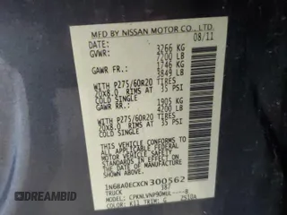 2012 Nissan Titan SL with VIN 1N6BA0ECXCN300562, listed as a Copart auction lot 58244125 with 131,595 mi miles and Salvage title. Bid and sale history available at DreamBid. Image 13.