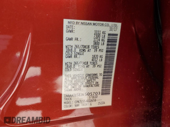 2018 Nissan Titan SV z VIN 1N6AA1E58JN505703, wystawiony jako Copart lot #52498985 z przebiegiem 178 803 mil mil oraz Szkoda całkowita • Salvage title. Historia ofert i sprzedaży dostępna na DreamBid. Obrazek 12.