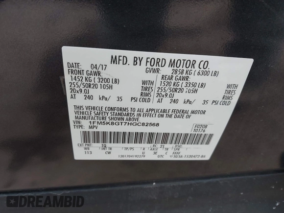 2017 Ford Explorer Sport with VIN 1FM5K8GT7HGC82568, listed as a IAAI auction lot 41705450 with 91,694 mi miles and . Bid and sale history available at carsss.com. Image 9.