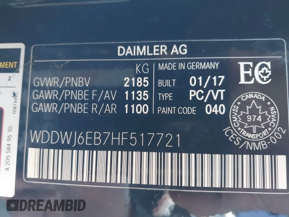 2017 Mercedes-Benz C 43 AMG with VIN WDDWJ6EB7HF517721, listed as a IAAI auction lot 41705294 with 69,165 mi miles and . Bid and sale history available at carsss.com. Image 9.