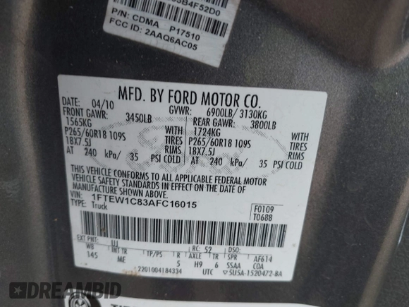 2010 Ford F-150 XL with VIN 1FTEW1C83AFC16015, listed as a IAAI auction lot 41332988 with Not Provided miles and . Bid and sale history available at DreamBid. Image 9.