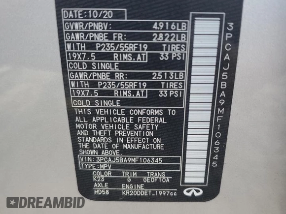 2021 Infiniti QX50 Luxe с VIN 3PCAJ5BA9MF106345, выставлен на аукционе Copart как лот 56383605 с пробегом 40 815 миль миль и Списание • Salvage title. История ставок и продаж доступна на DreamBid. Изображение 13.