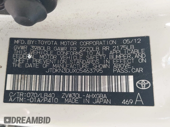 2012 Toyota Prius One with VIN JTDKN3DUXC5463795, listed as a IAAI auction lot 41977678 with 121,190 mi miles and . Bid and sale history available at DreamBid. Image 9.