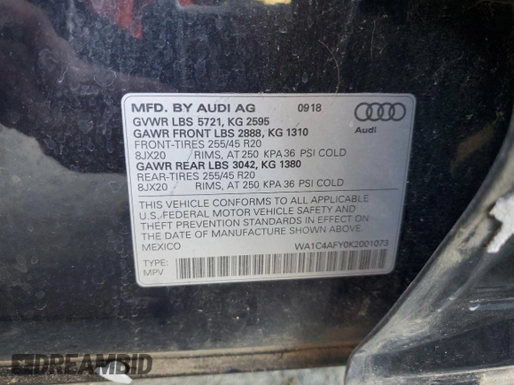 2019 Audi SQ5 Prestige with VIN WA1C4AFY0K2001073, listed as a Copart auction lot 70517953 with 48,485 mi miles and . Bid and sale history available at DreamBid. Image 15.