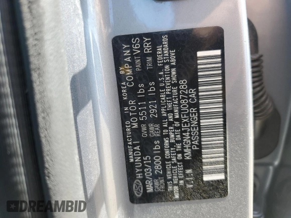 2015 Hyundai Genesis 3.8L z VIN KMHGN4JEXFU087288, wystawiony jako Copart lot #55615035 z przebiegiem 90 162 mil mil oraz Szkoda całkowita • Salvage title. Historia ofert i sprzedaży dostępna na DreamBid. Obrazek 13.