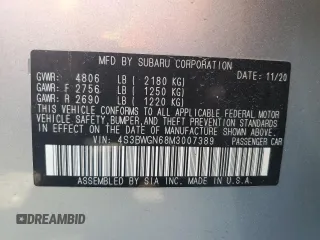 2021 Subaru Legacy Limited XT with VIN 4S3BWGN68M3007389, listed as a Copart auction lot 62061894 with 68,667 mi miles and Non repairable. Bid and sale history available at DreamBid. Image 12.