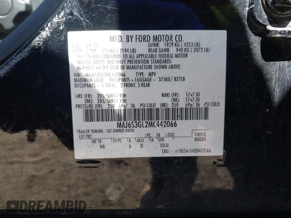 2021 Ford EcoSport SE with VIN MAJ6S3GL2MC442066, listed as a IAAI auction lot 41994862 with 32,008 mi miles and . Bid and sale history available at DreamBid. Image 9.