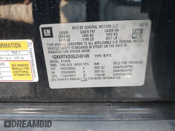 2016 GMC Acadia Denali with VIN 1GKKRTKD0GJ349149, listed as a IAAI auction lot 40554328 with 111,675 mi miles. Bid and sale history available at carsss.com. Image 9.