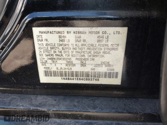 2004 Nissan Maxima SE z VIN 1N4BA41E64C893745, wystawiony jako IAAI lot #41675717 z przebiegiem Nie podano mil oraz . Historia ofert i sprzedaży dostępna na DreamBid. Obrazek 9.