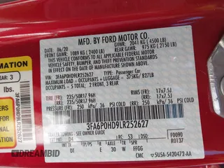 2020 Ford Fusion SE с VIN 3FA6P0HD9LR252627, выставлен на аукционе IAAI как лот 42316272 с пробегом 51 238 миль миль и . История ставок и продаж доступна на DreamBid. Изображение 9.