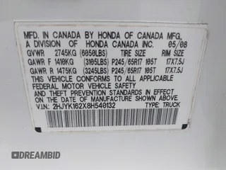2008 Honda Ridgeline RT z VIN 2HJYK162X8H540132, wystawiony jako IAAI lot #42796783 z przebiegiem 226 779 mil mil oraz . Historia ofert i sprzedaży dostępna na DreamBid. Obrazek 9.