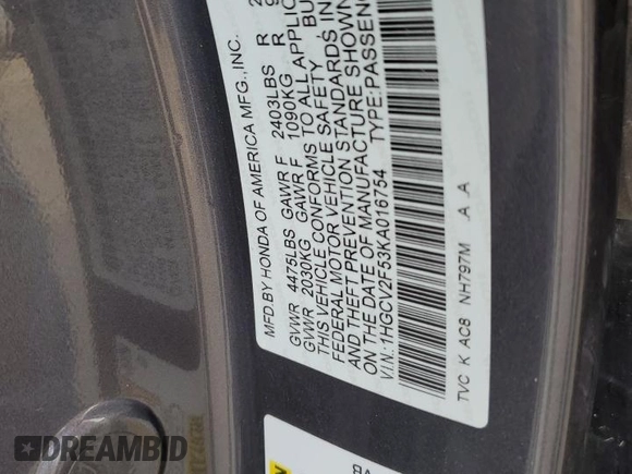 2019 Honda Accord EX-L with VIN 1HGCV2F53KA016754, listed as a Copart auction lot 72773284 with Not provided miles and Non repairable. Bid and sale history available at DreamBid. Image 13.