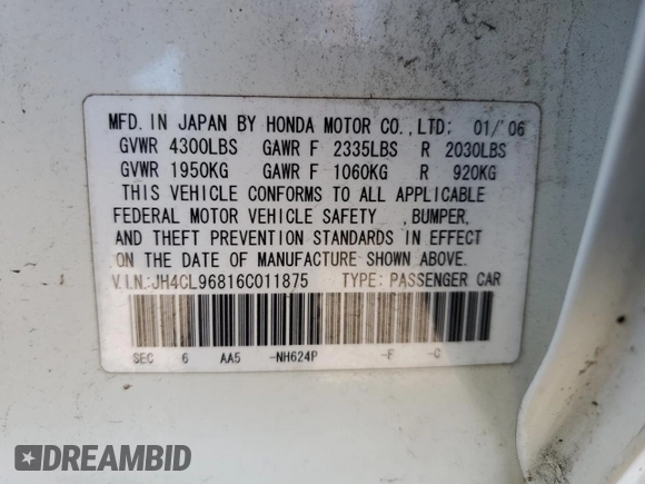 2006 Acura TSX with VIN JH4CL96816C011875, listed as a Copart auction lot 63194305 with 130,152 mi miles and Salvage title. Bid and sale history available at DreamBid. Image 12.