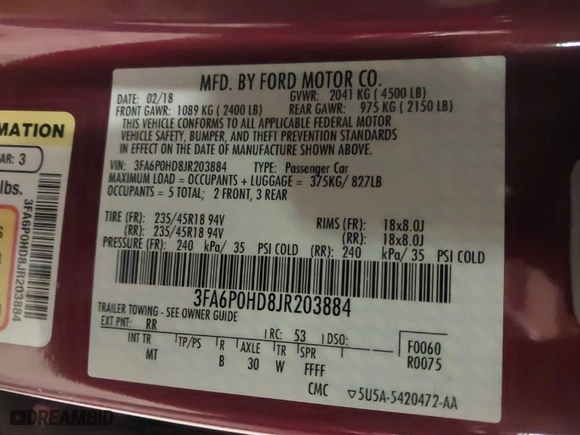 2018 Ford Fusion SE with VIN 3FA6P0HD8JR203884, listed as a IAAI auction lot 41608304 with 73,228 mi miles. Bid and sale history available at carsss.com. Image 9.