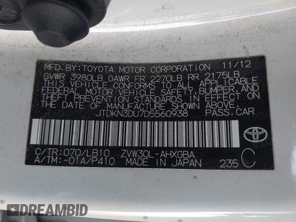 2013 Toyota Prius One with VIN JTDKN3DU7D5560938, listed as a IAAI auction lot 42159210 with 170,931 mi miles and . Bid and sale history available at DreamBid. Image 9.