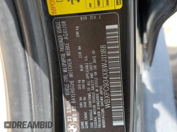 2008 BMW X3 3.0si with VIN WBXPC934X8WJ11188, listed as a Copart auction lot 59432445 with 104,232 mi miles and Clean title. Bid and sale history available at DreamBid. Image 13.