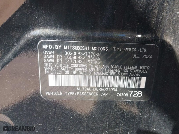 2024 Mitsubishi Mirage ES with VIN ML32AUHJ8RH021934, listed as a IAAI auction lot 42067963 with 12,995 mi miles. Bid and sale history available at carsss.com. Image 9.
