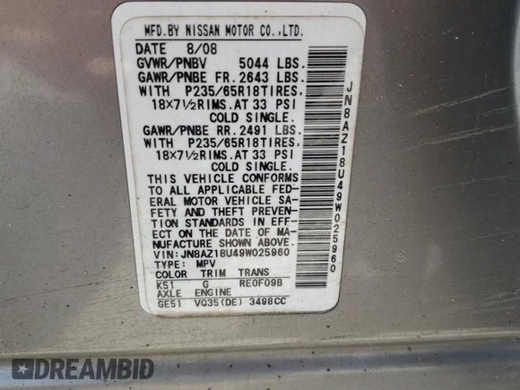 2009 Nissan Murano S with VIN JN8AZ18U49W025960, listed as a Copart auction lot 70574074 with 18,888 mi miles and Salvage Title. Bid and sale history available at carsss.com. Image 14.