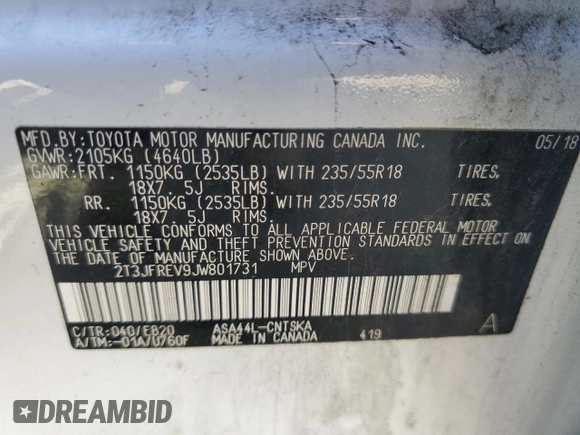 2018 Toyota RAV4 SE with VIN 2T3JFREV9JW801731, listed as a Copart auction lot 55866485 with 64,043 mi miles and Salvage title. Bid and sale history available at DreamBid. Image 14.