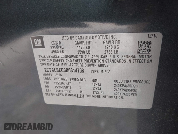 2011 GMC Terrain SLE-2 with VIN 2CTALSEC0B6314708, listed as a IAAI auction lot 42173919 with 188,659 mi miles and . Bid and sale history available at DreamBid. Image 9.