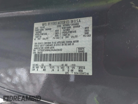 2003 Ford F-150 XL with VIN 1FTRX18W63NA62642, listed as a IAAI auction lot 41407767 with 1 mi miles. Bid and sale history available at carsss.com. Image 9.