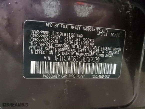2012 Subaru Impreza Sedan 2.0i Premium with VIN JF1GJAC63CH006999, listed as a Copart auction lot 51213735 with 106,163 mi miles and Salvage Title. Bid and sale history available at carsss.com. Image 12.