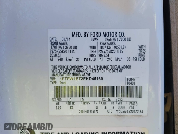 2014 Ford F-150 XL with VIN 1FTFW1ET2EKD45169, listed as a IAAI auction lot 41097338 with 322,775 mi miles. Bid and sale history available at carsss.com. Image 9.