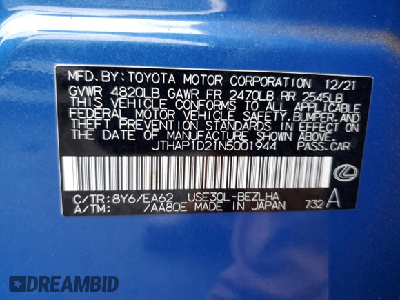 2022 Lexus IS 500 F Sport Performance z VIN JTHAP1D21N5001944, wystawiony jako Copart lot #79621404 z przebiegiem 19 921 mil mil oraz Szkoda całkowita • Salvage title. Historia ofert i sprzedaży dostępna na DreamBid. Obrazek 12.