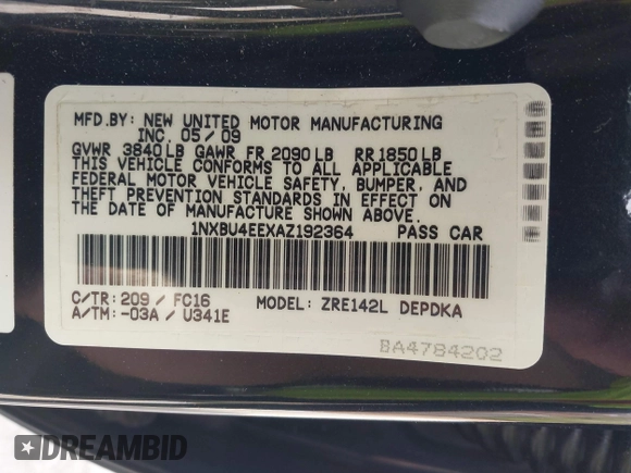 2010 Toyota Corolla with VIN 1NXBU4EEXAZ192364, listed as a IAAI auction lot 41901477 with 159,967 mi miles and . Bid and sale history available at DreamBid. Image 9.